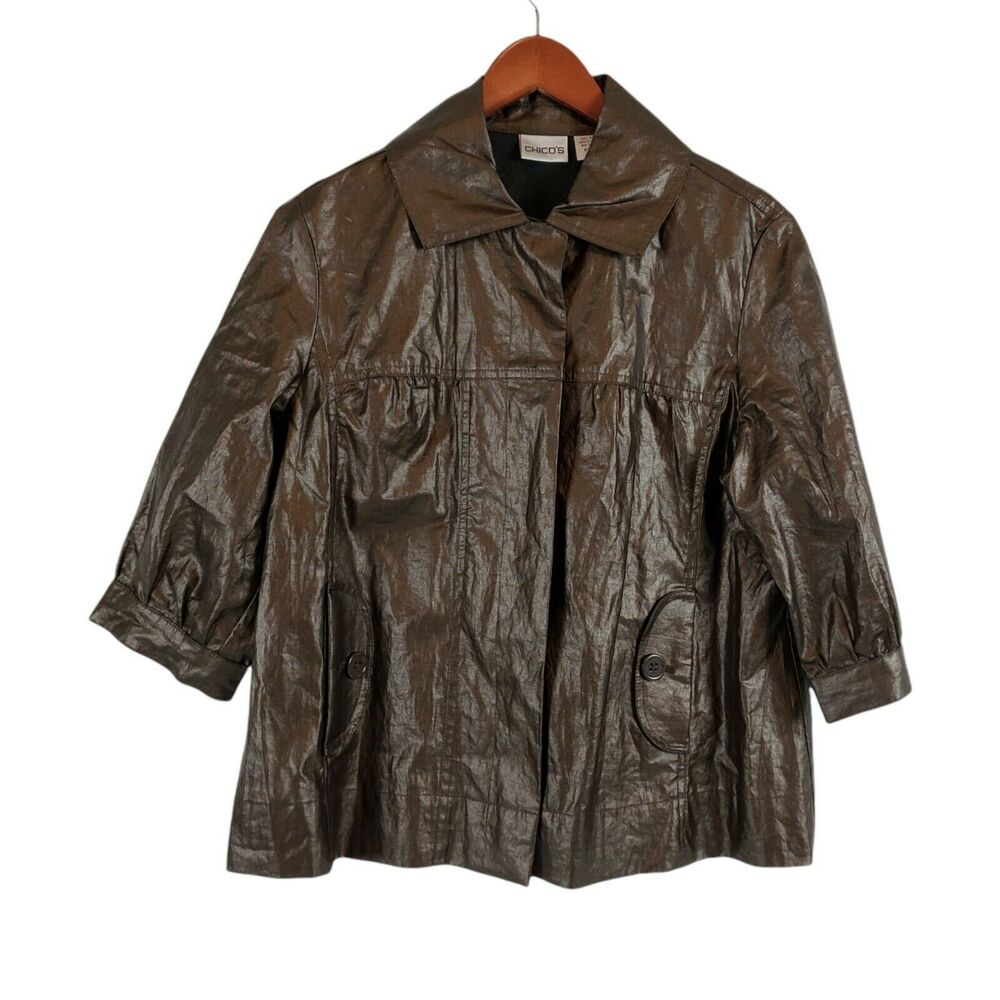 CHICOS 1 ( M ) Glossy Brown Coated Linen Casual Jacket 1/2 Sleeve FLAWS